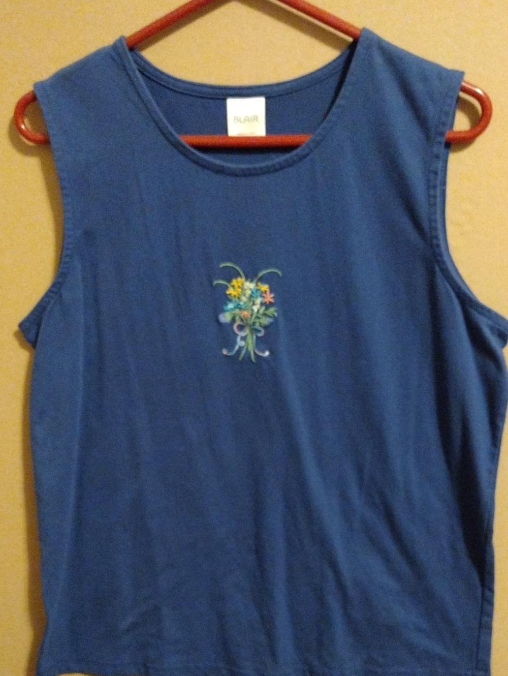 Blair Royal Blue Sleeveless Tank with Center Floral Embroidery